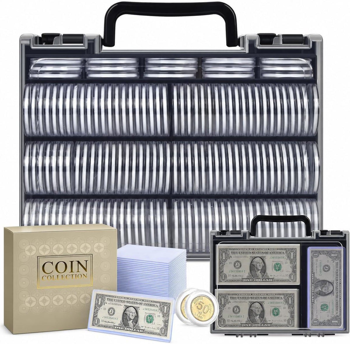 FULLCASE Coin Collector Case with 141 Capsules and 220 Currency Sleeves