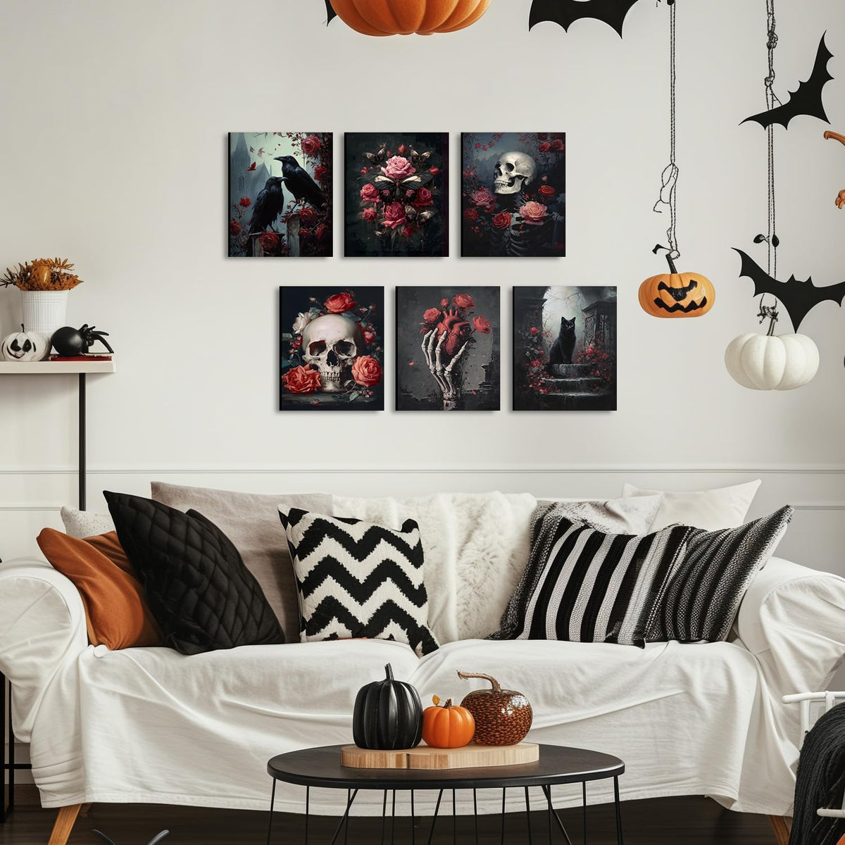 HPNIUB Vintage Skull Halloween Floral Framed Canvas Wall Art, Set Of 6 Piece ...