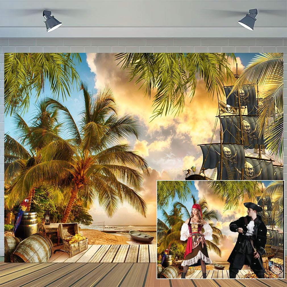 10X8ft Pirate Theme Photo Backdrop Photography Background, Pirate Ship Treasu...