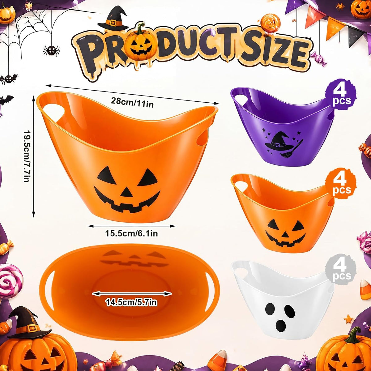 Meekoo 12 Pcs Pumpkin Ghost Witch Ice Bucket Plastic Oval with Handle
