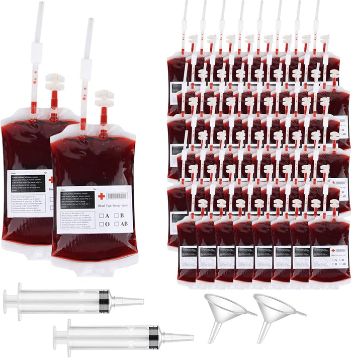 tchrules 54 Pcs Blood Bags for Drinks Halloween Party Decorations, Reusable Blood Bag Drink Pouches with Syringe & Funnel, Food-Grade IV Bags for Drinks, Vampire Nurse Party Favors Decorations