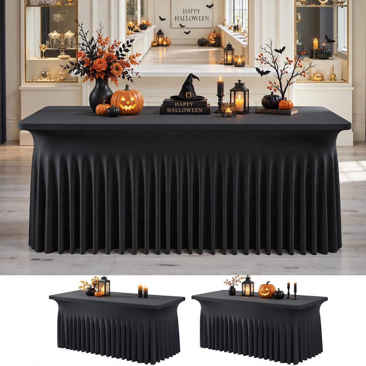 8ft Black Spandex Tablecloth for Rectangle Tables, 2 Pack for Wedding Party