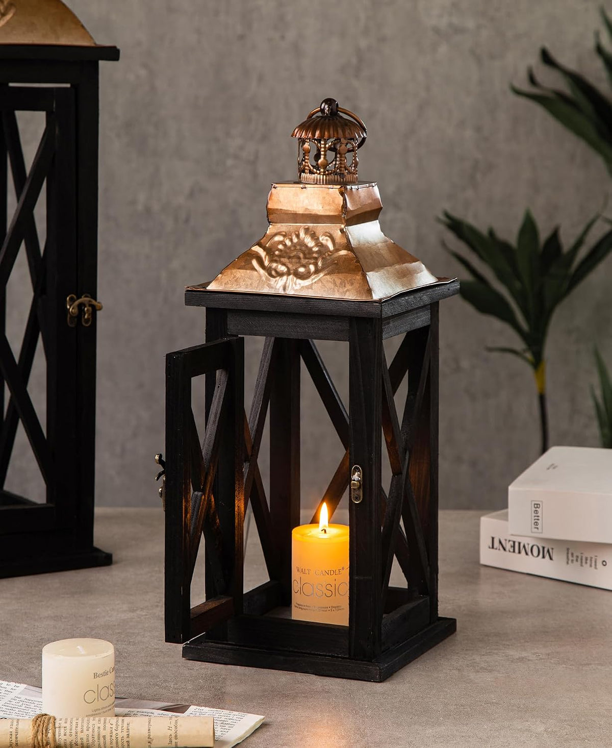 Large Farmhouse Wooden Lanterns with Metal Top, Decorative Floor Lanterns Set...
