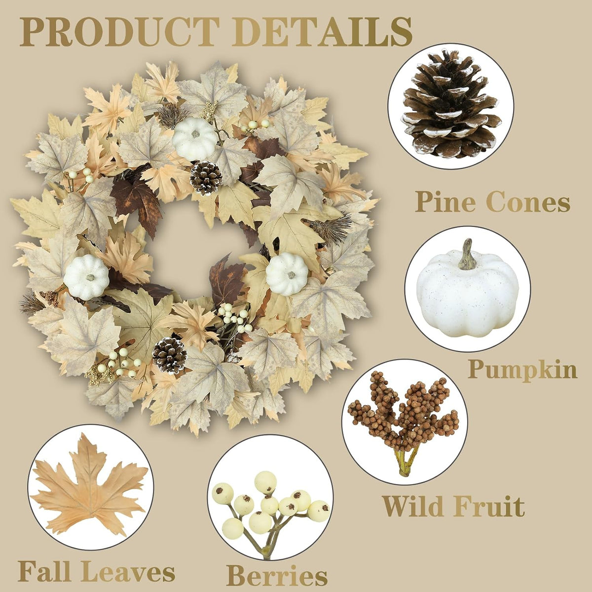 Realistic Fall Wreath with Lights, 22" Fall Wreaths for Front Door with ...