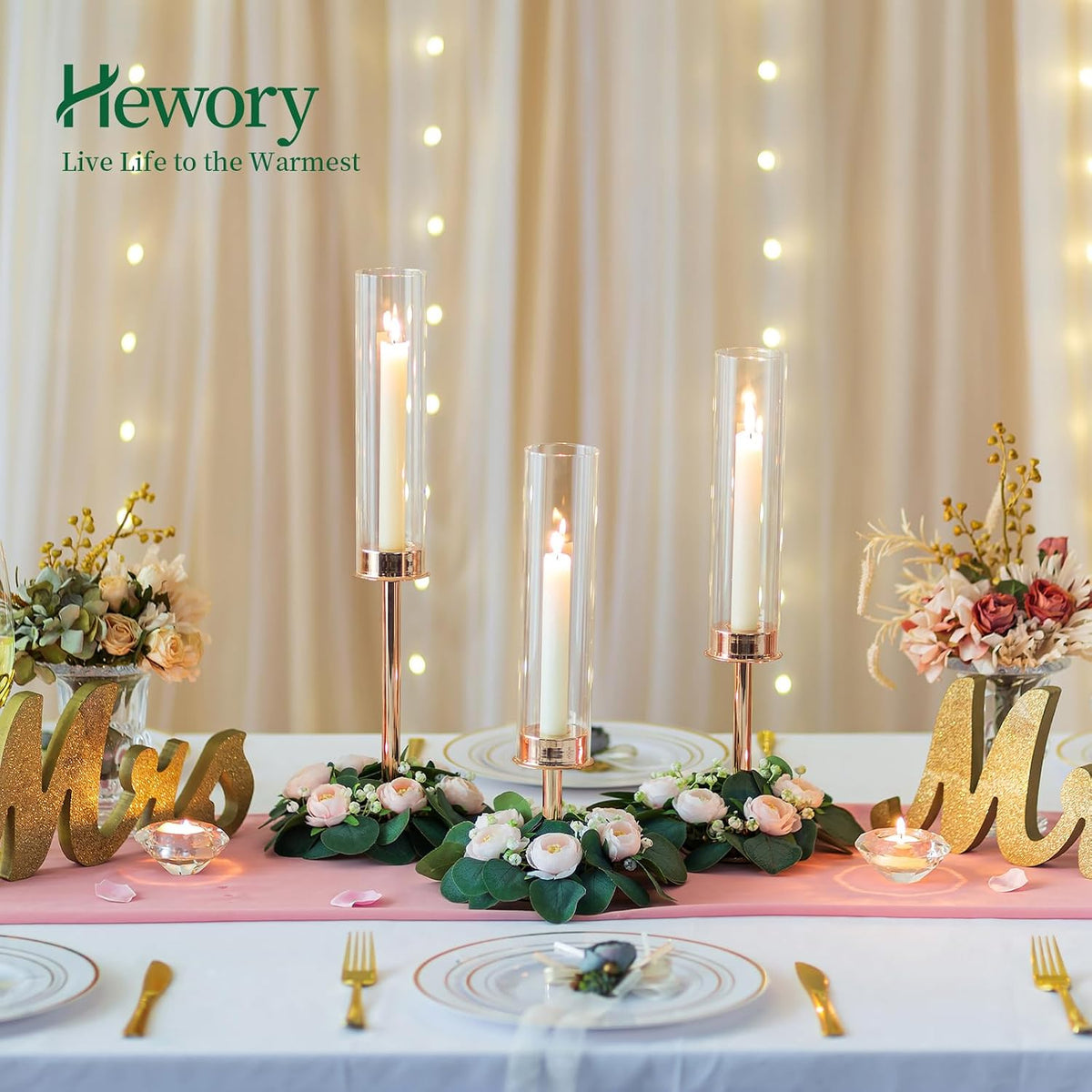 Hewory Gold Candlestick Holders: 6PCS Cylinder Glass Hurricane for Tapers