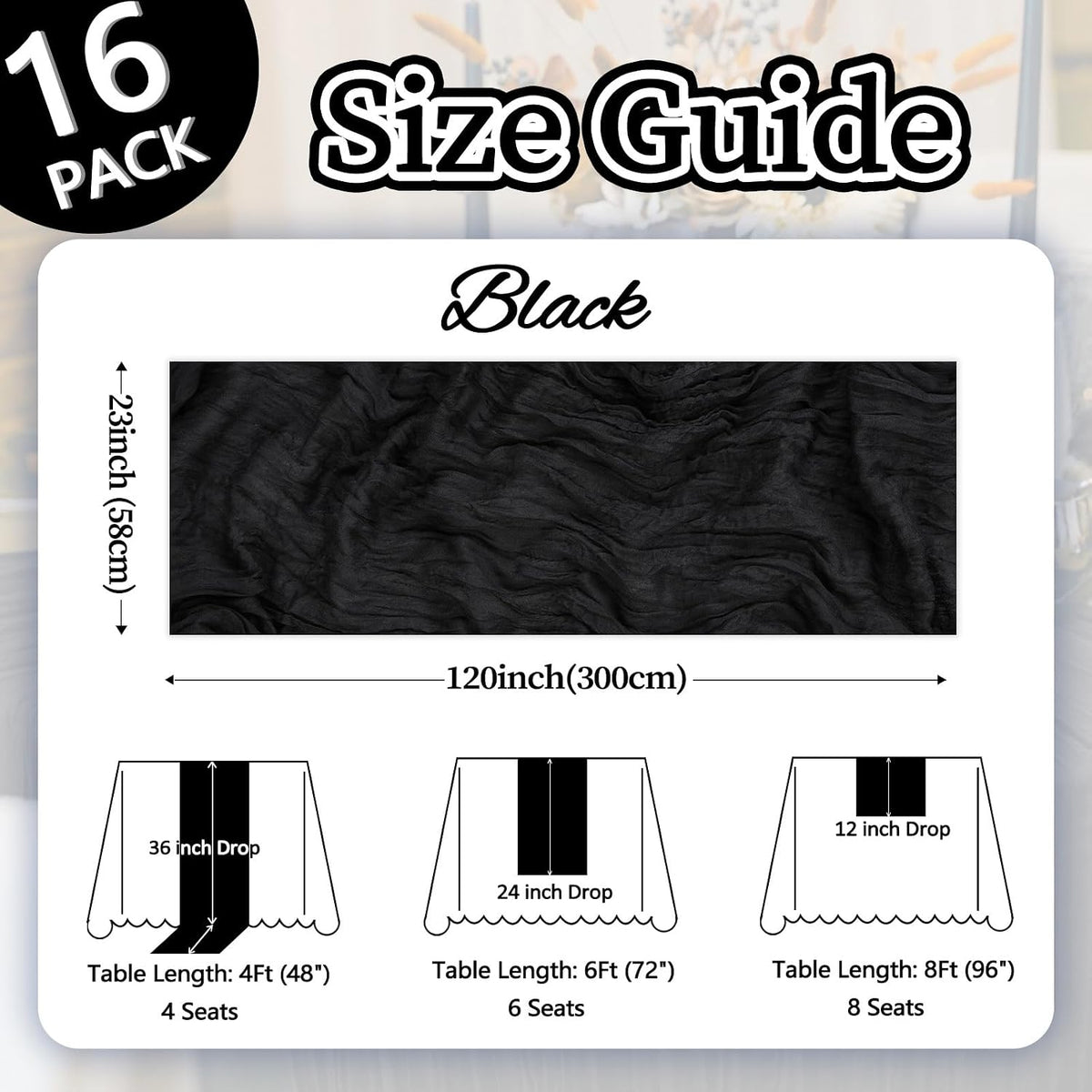 16 Pack Black Cheesecloth Halloween Table Runner 10ft 23x120 Inch
