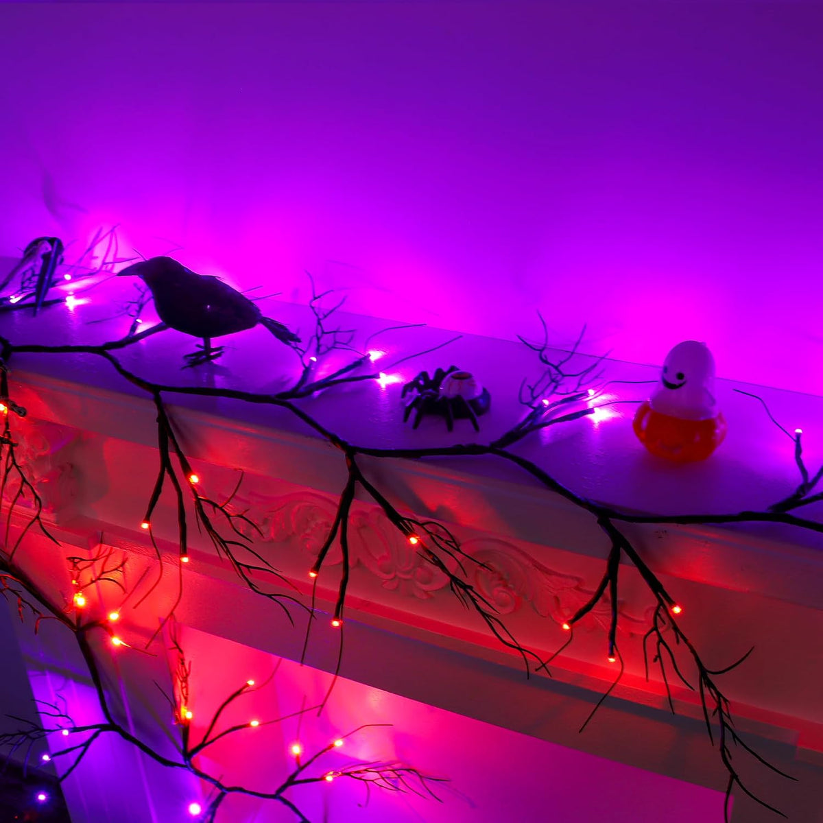 9 FT 72 LED Willow Vine Twig Decor Black Halloween Garland with Orange Purple...