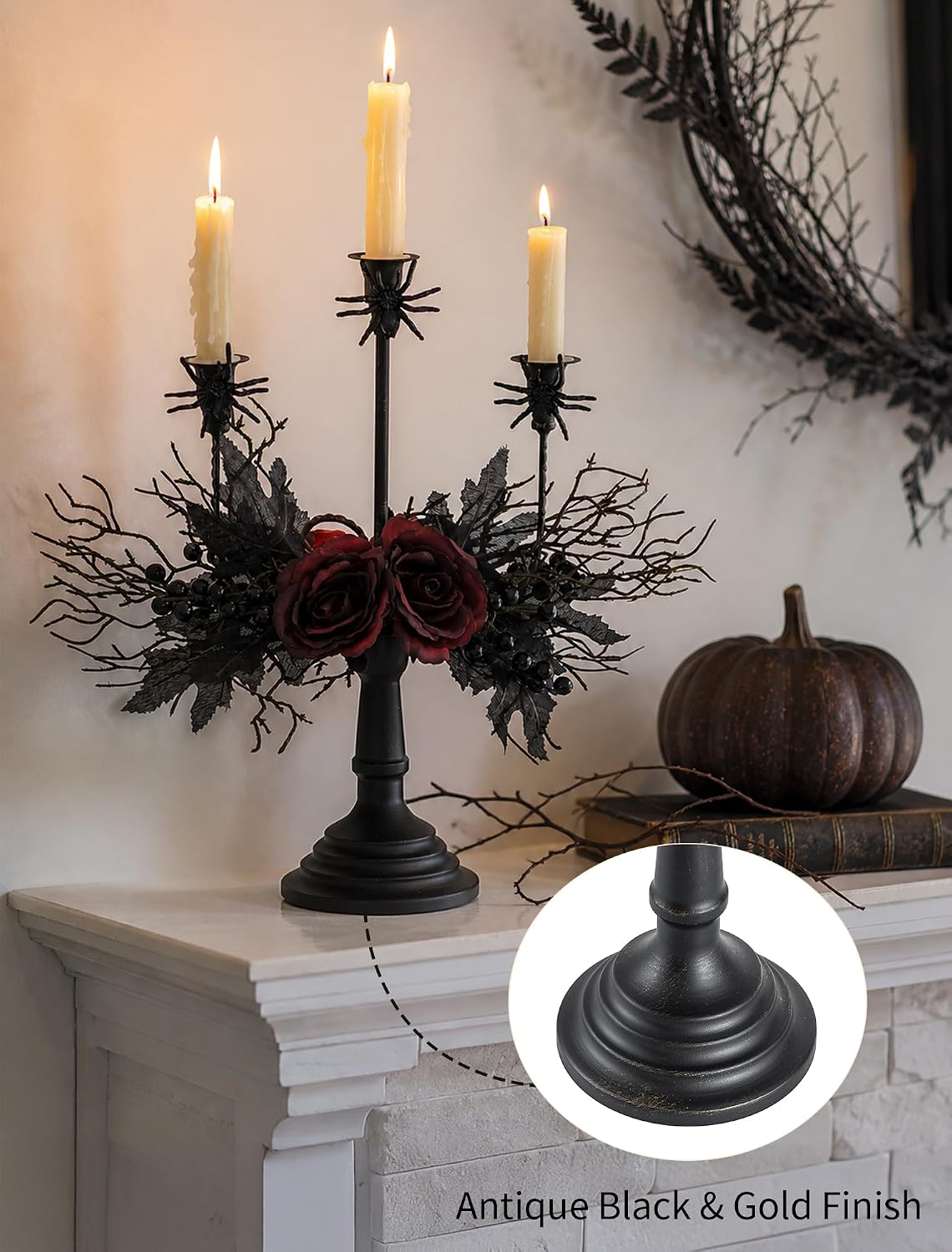 Romadedi Black Halloween Candelabra, Gothic Candlestick Holder, 15.7 in