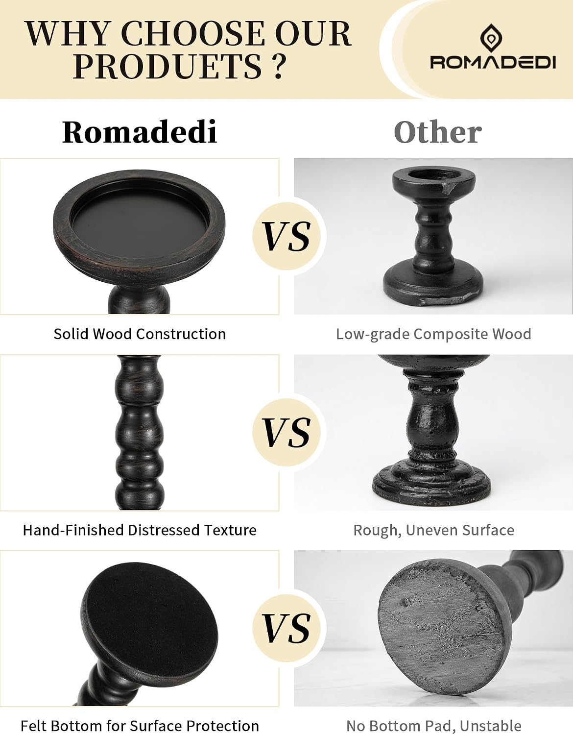 Romadedi Solid Wood Pillar Candle Holder, Black, Set of 3, 8.3/5.9/3.9-in