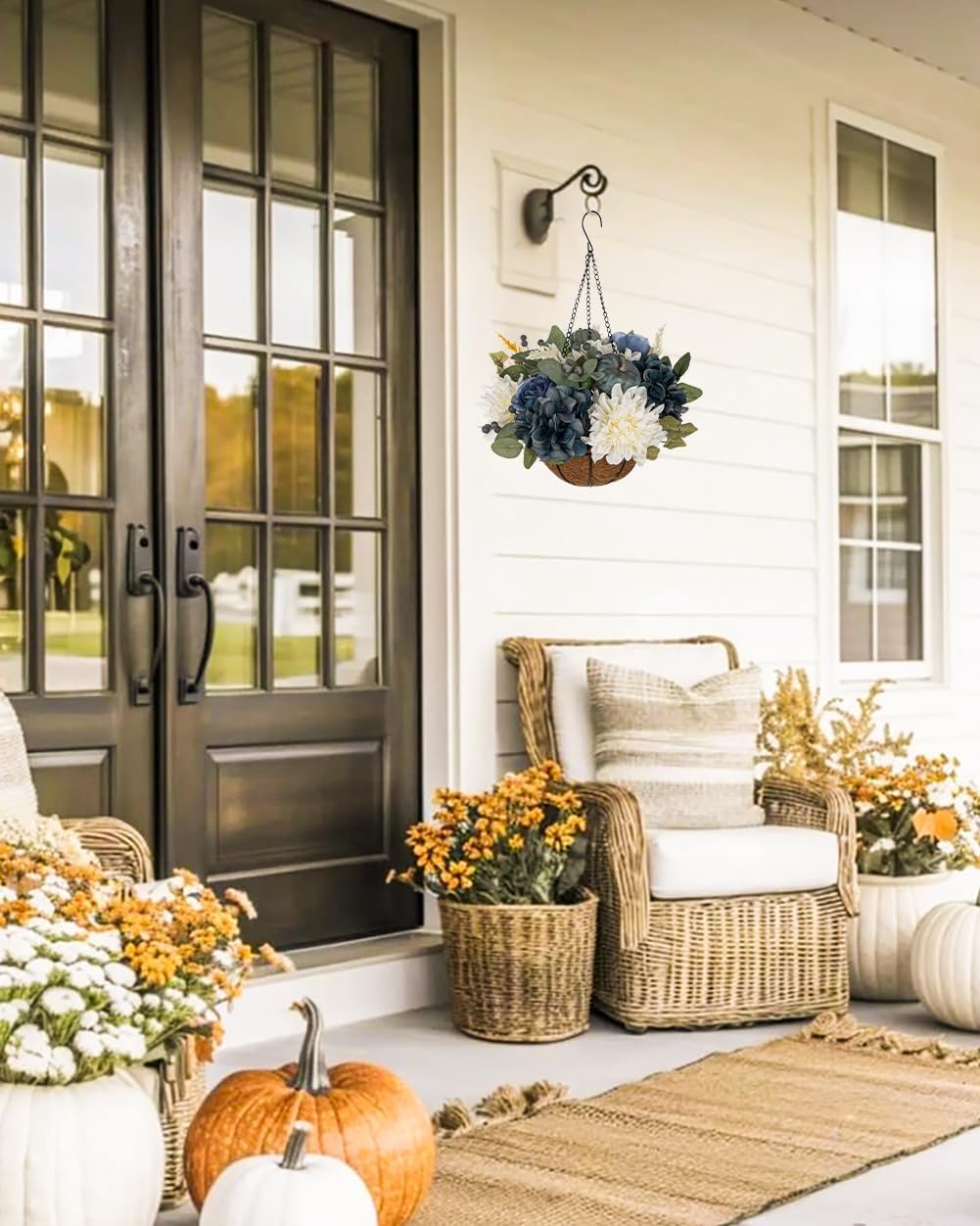 Hollyone 13" Fall Hanging Baskets Medium Pumpkins Hydrangea Dahlia Artif...