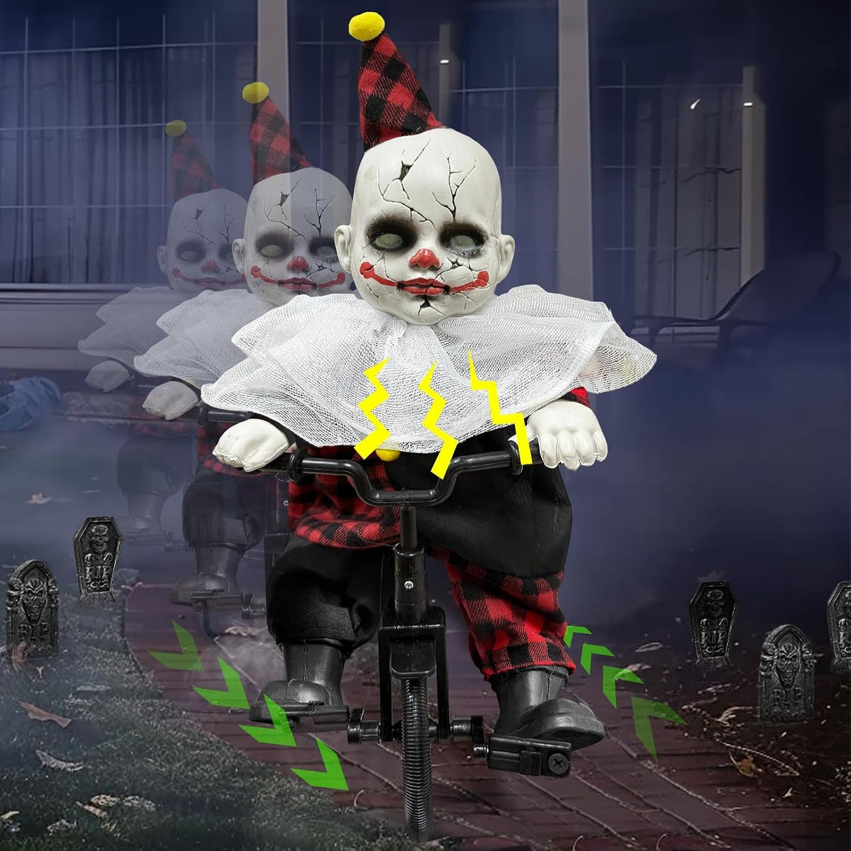 Halloween Animatronic 15.5” Clown Ride on Bicycle Moving Back and Forth