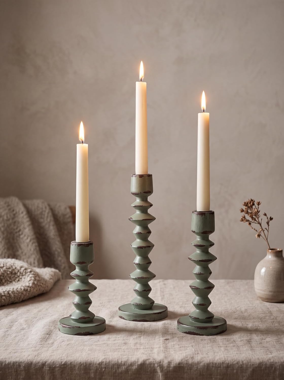 NUPTIO Wood Vintage Candlestick Holders: Set of 3 Rustic Green for Tapers