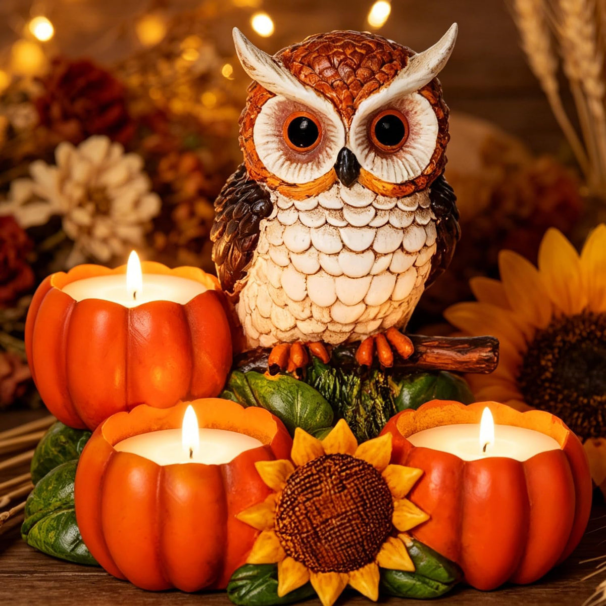 Fall Owl Candle Holder with 3 Pumpkin Tealight Holders