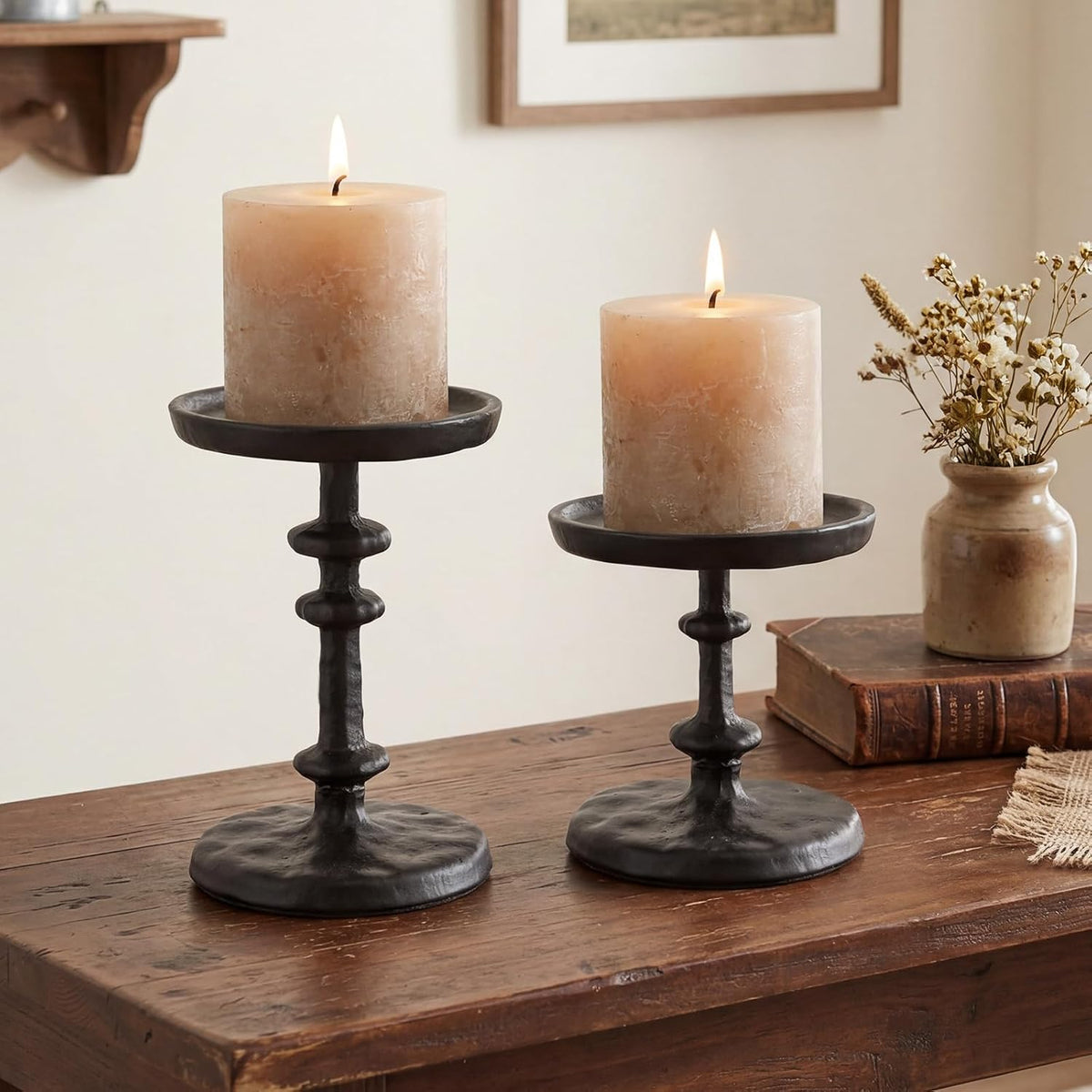 Black Cast Iron Pillar Candle Holders Set of 2 Farmhouse Candlesticks