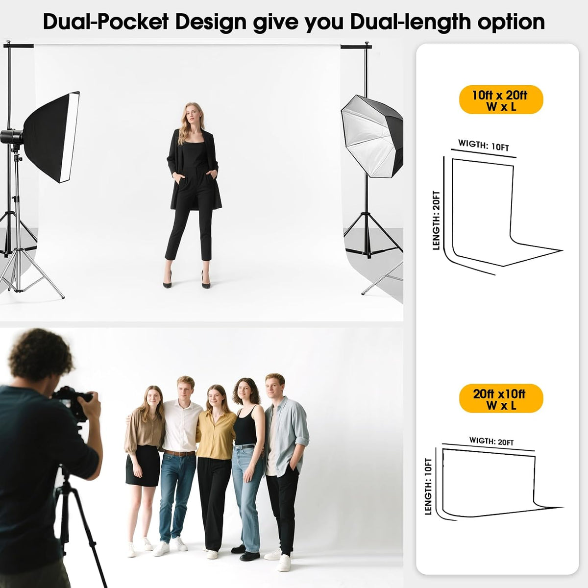 CPLIRIS 10x20ft White Backdrop for Photography, Dual-Size Dual-Pocket Design ...