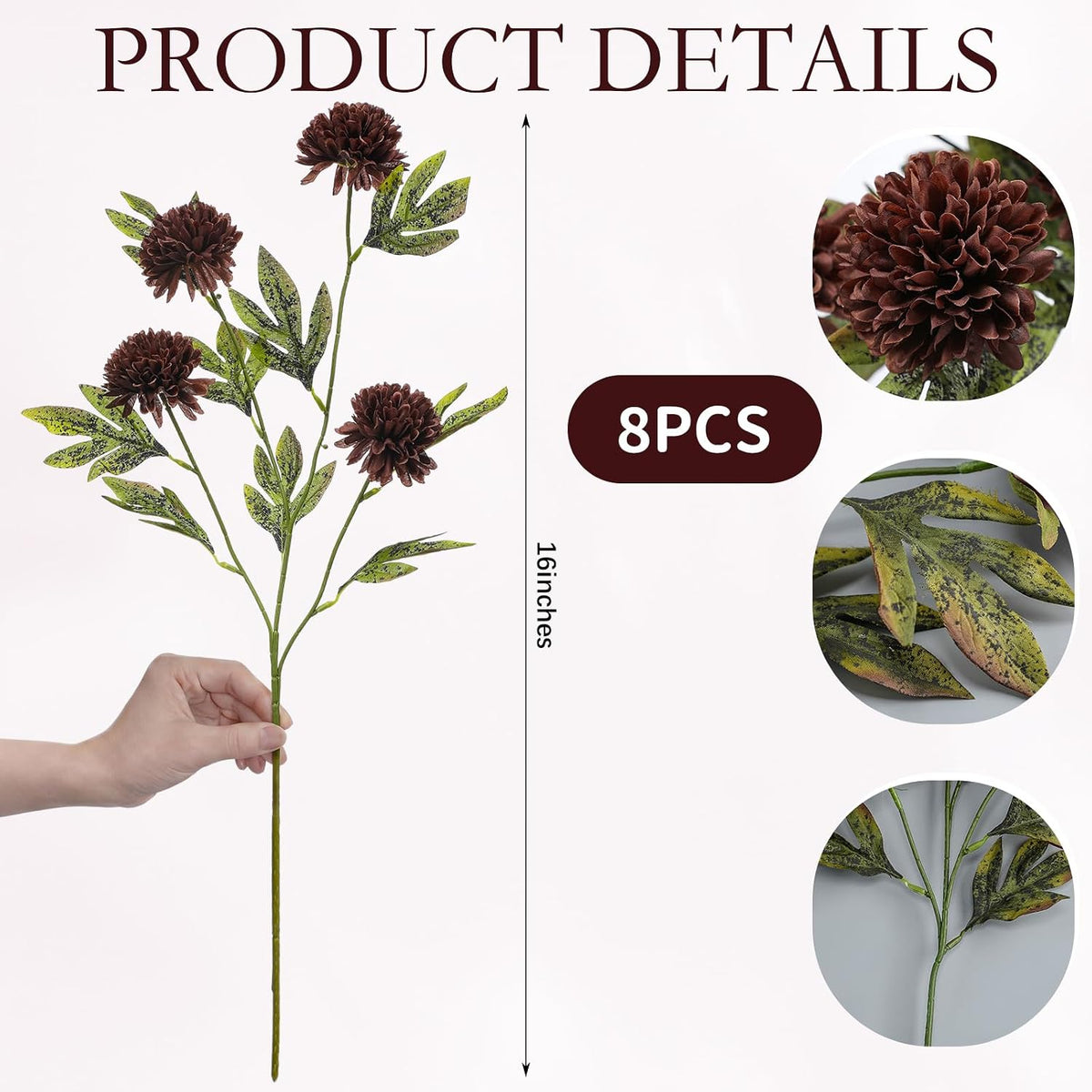 Knitgrip 8 Pcs Faux Silk Pom Pom Mum Artificial Flowers, Chocolate