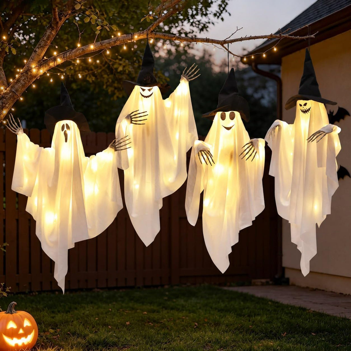 Dusk&Decorum 4 Pack Lighted Hanging Ghost Halloween Decorations with Witc...