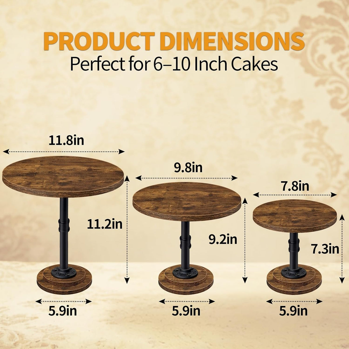 Cake Stand Set of 3, Rustic Industrial Wood Round Cupcake Stands