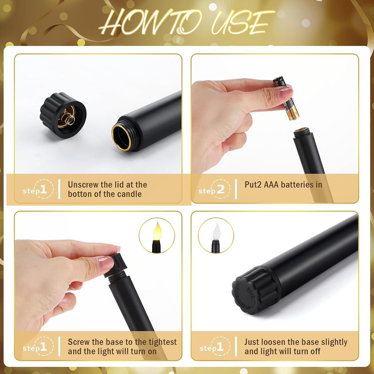 MTLEE Black 32 Pcs Flameless Taper Candles with Holders