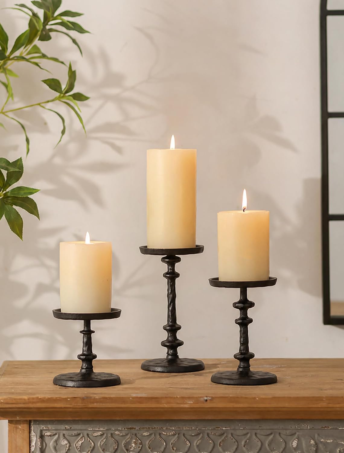 NUPTIO Black Candle Holders for Pillars: Cast Iron Candle Stand Set of 3