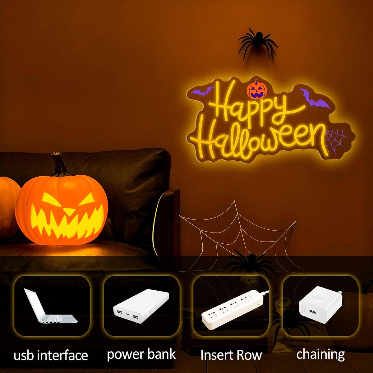 Happy Halloween Neon Sign, Cool Dimmable Light Up Halloween Pumpkin Bat Windo...