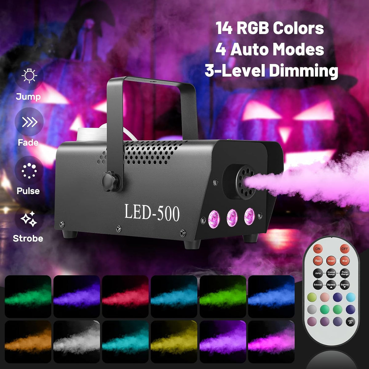Fog Machine 500W with 14 Color RGB LED Lights and Auto Mode, 2000CFM Smoke Ma...
