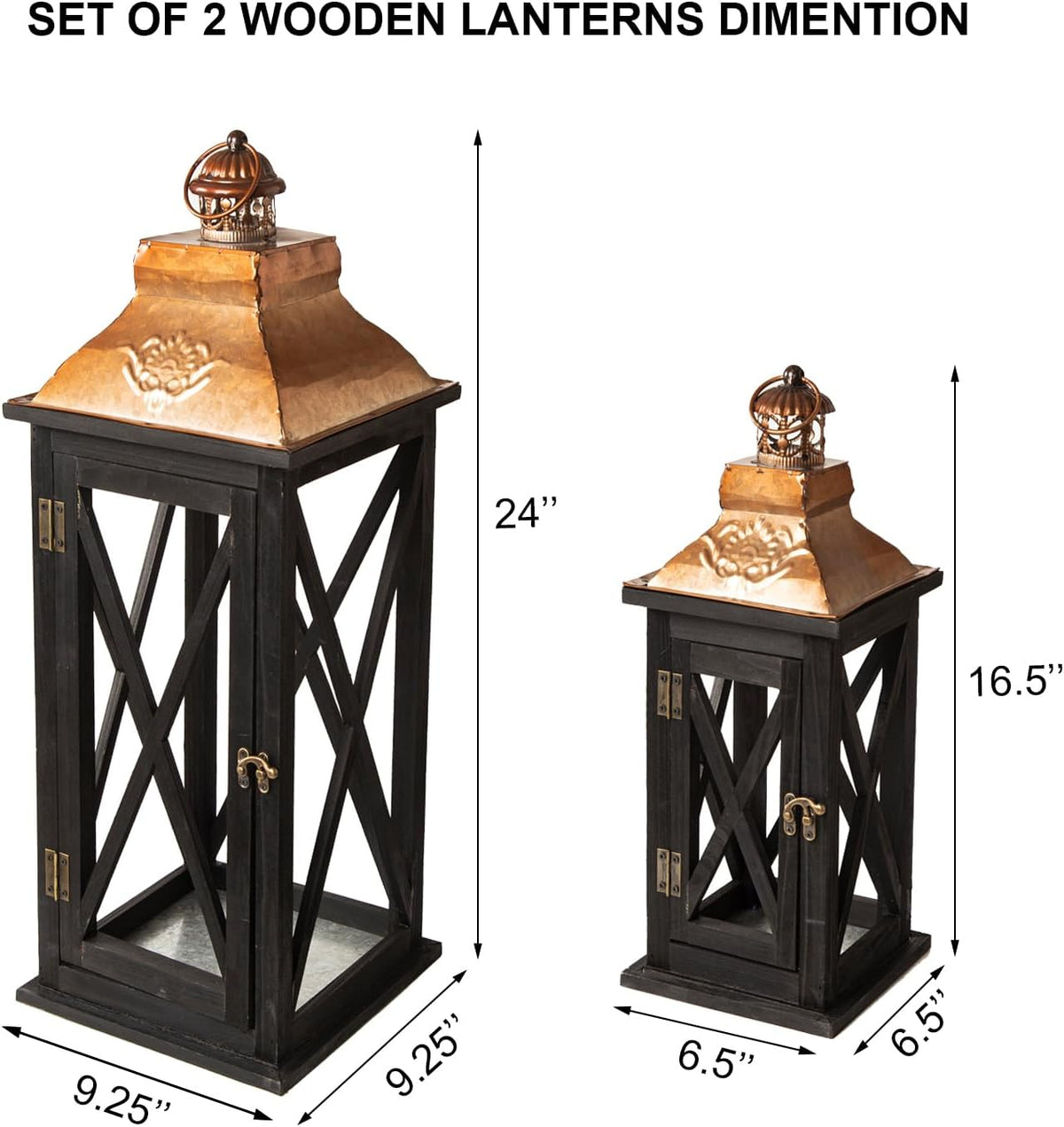 Large Farmhouse Wooden Lanterns with Metal Top, Decorative Floor Lanterns Set...