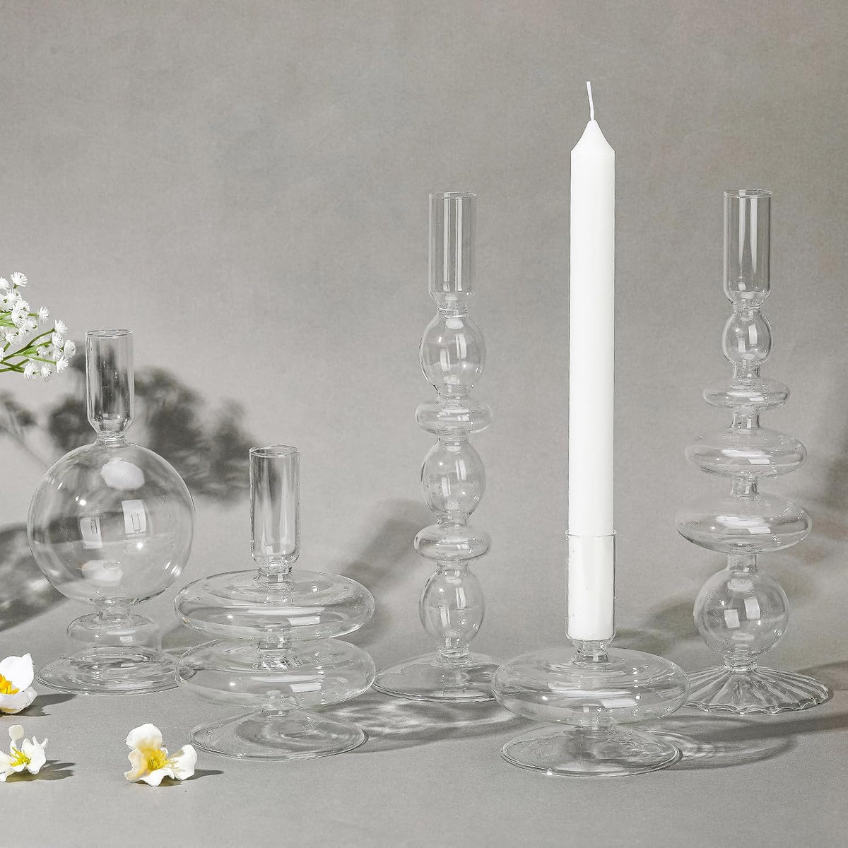 Rtteri 5 Pcs Glass Candlestick Holders Colorful Glass Taper Candle Stand Groo...