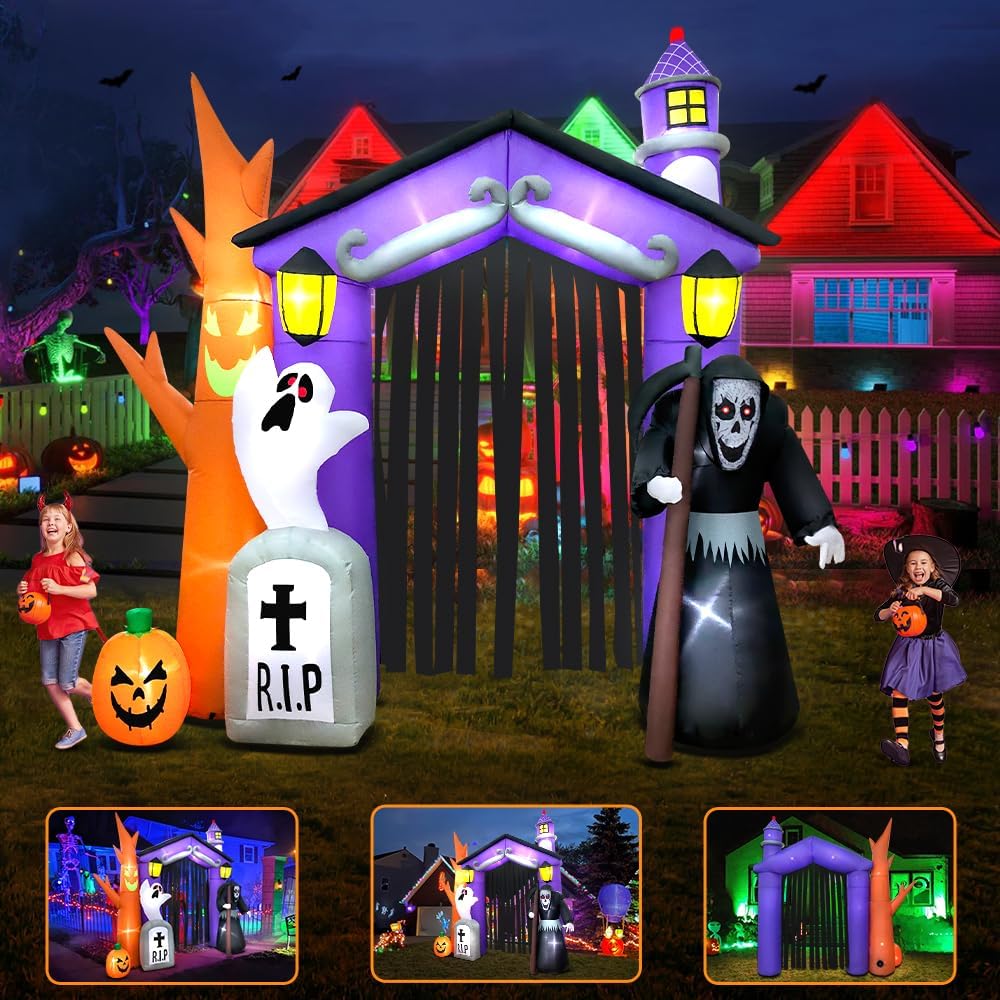 9FT Halloween Inflatables Haunted House Castle Archway Decoration with Led Li...
