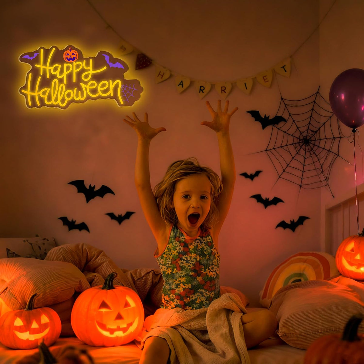 Happy Halloween Neon Sign, Cool Dimmable Light Up Halloween Pumpkin Bat Windo...