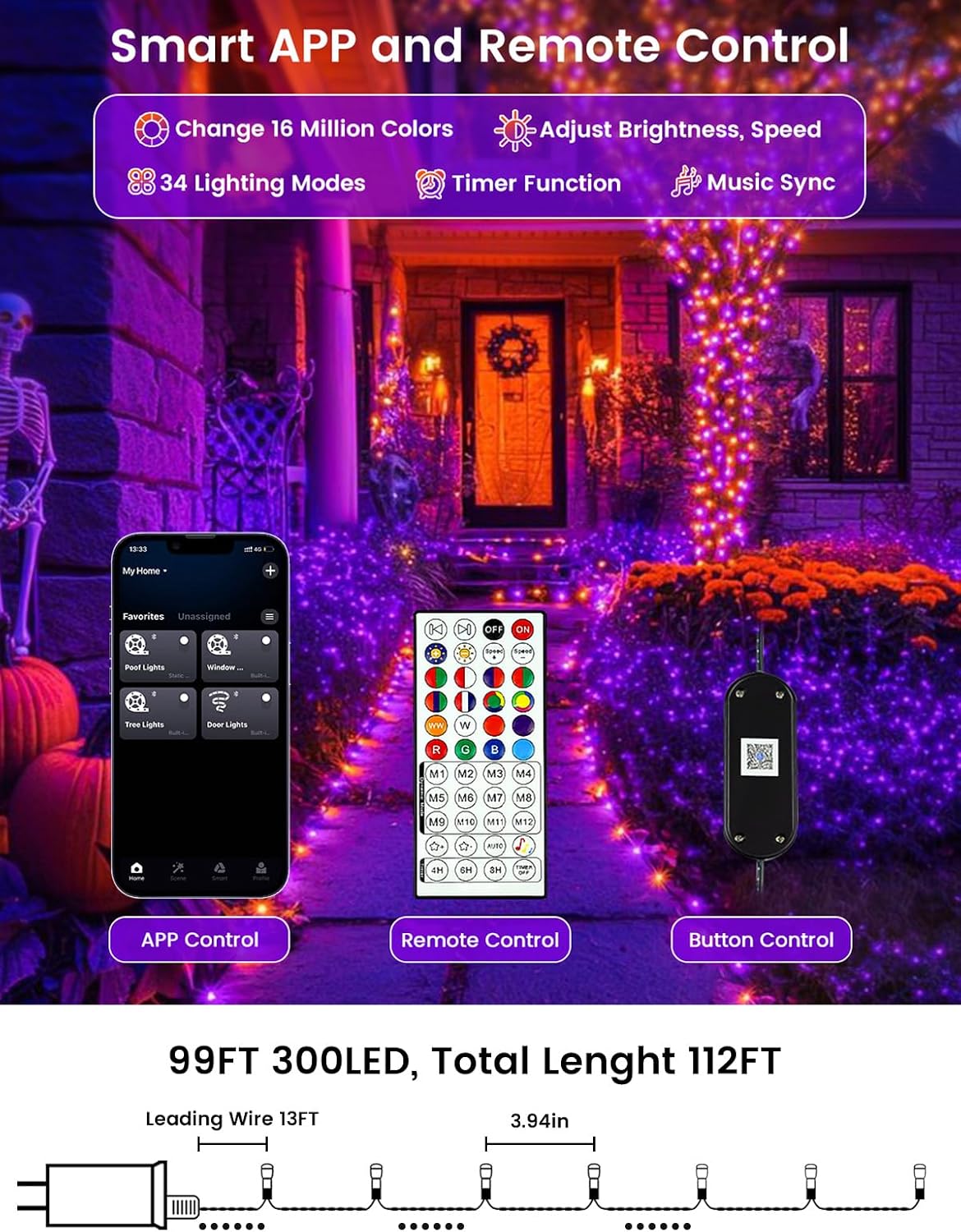 Smart Color Changing Halloween Lights String 112FT 300 LED APP and Remote