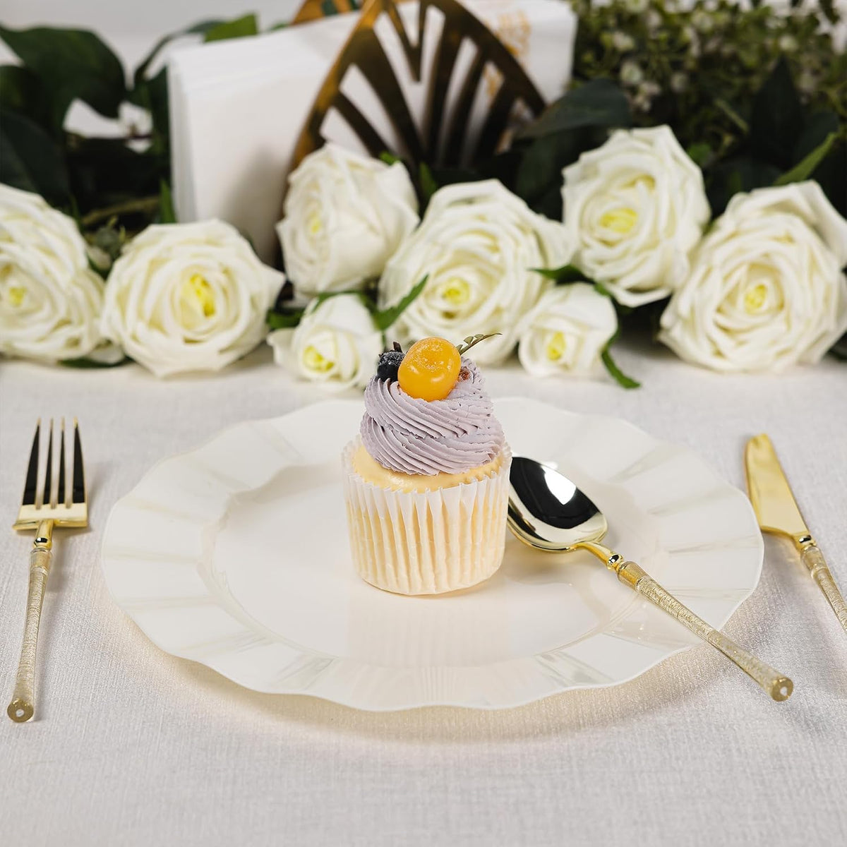 72 Pack Ivory Plastic Plates, 7" Disposable Wave Edge Dessert Plates