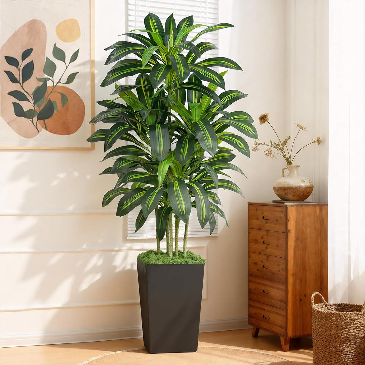 5FT Artificial Dracaena Tree - High-Density Foliage Fake Plant with Black Tal...