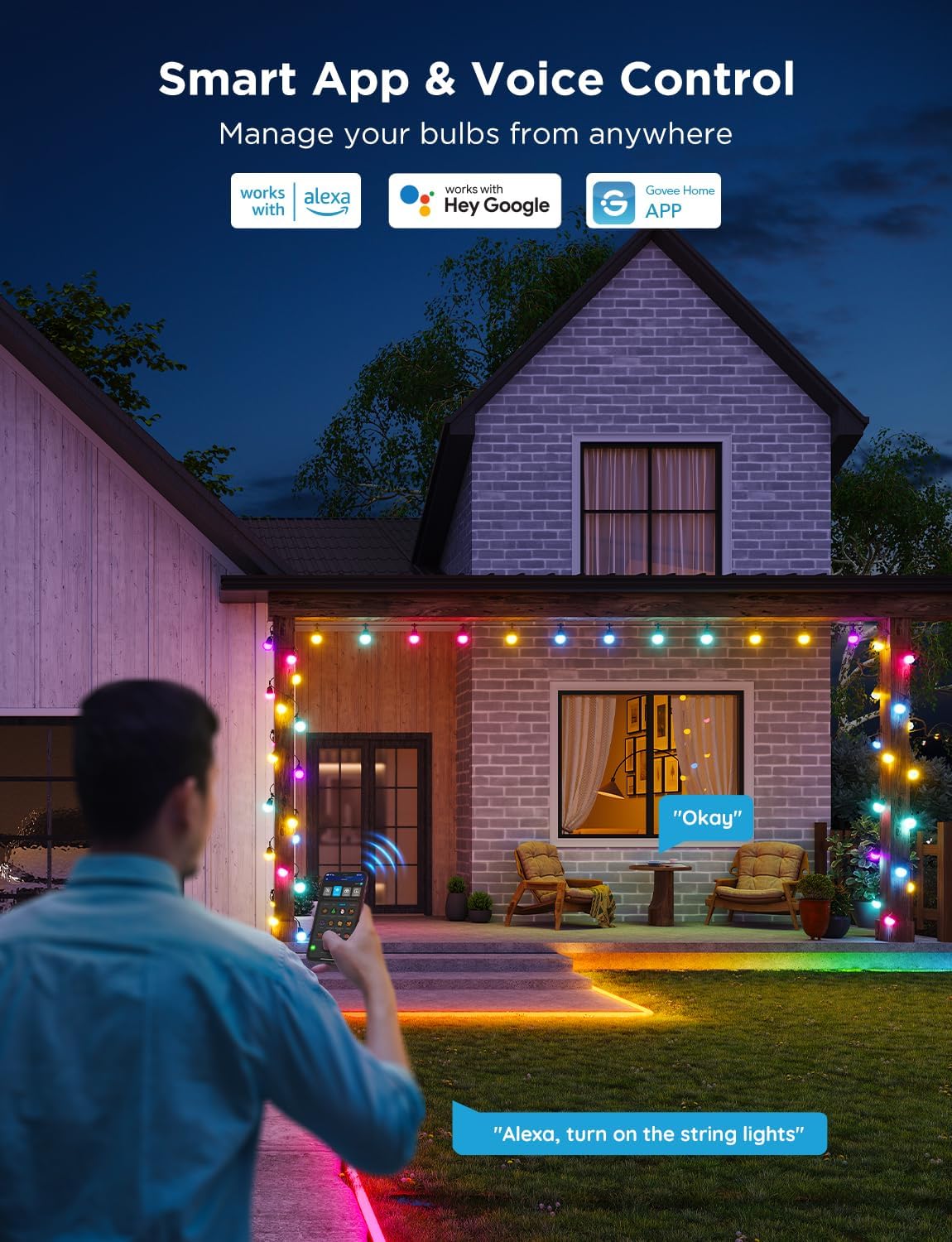 Govee Smart Outdoor String Lights 2, 144ft RGBIC Patio Lights with 45 Bulbs