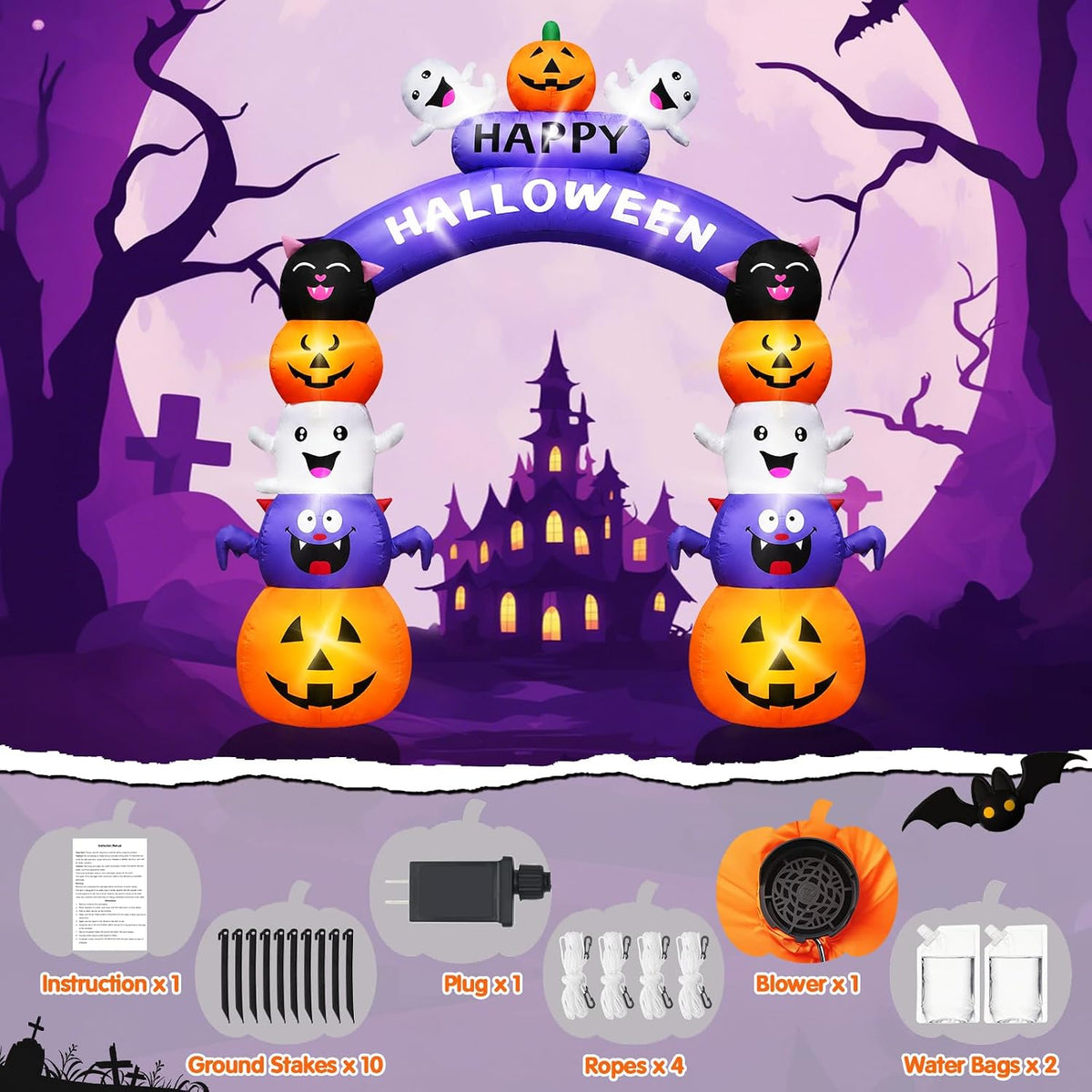 Halloween Inflatable Arch Cute Large Pumpkin Archway Blow Up Outdoor 8FT