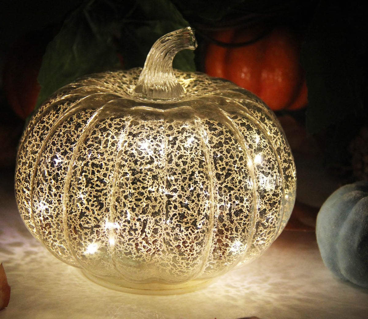 Fall Decorations for Home,Mercury Glass Pumpkin Lights with Timer(Silver)