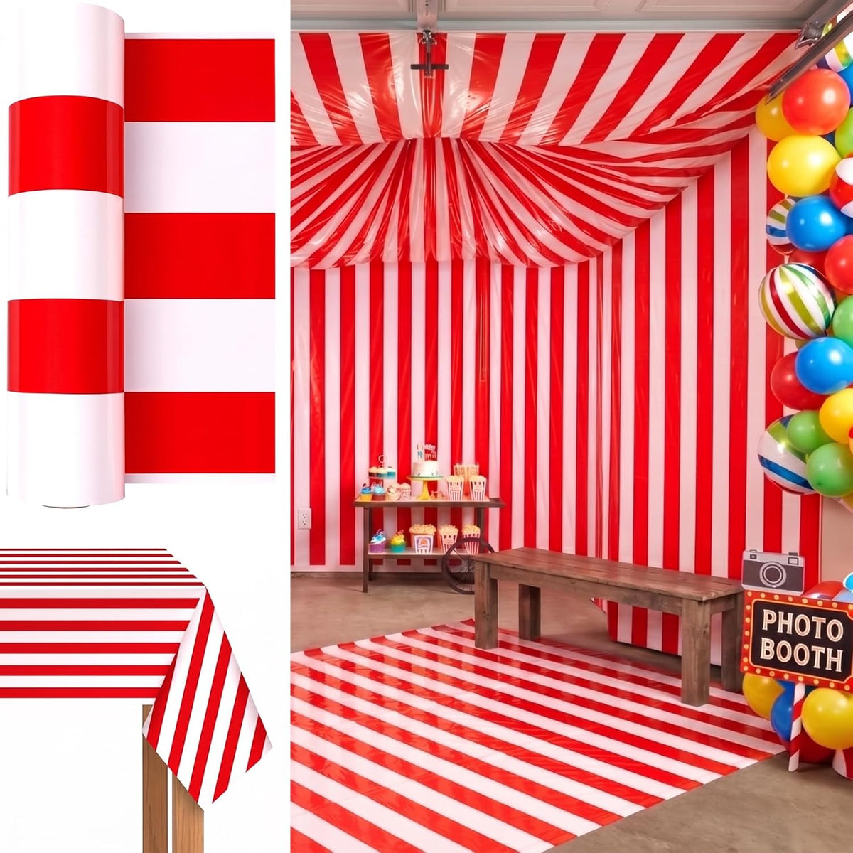 Jecery 54 Inch x 100 ft Red and White Striped Tablecloth Party Decor