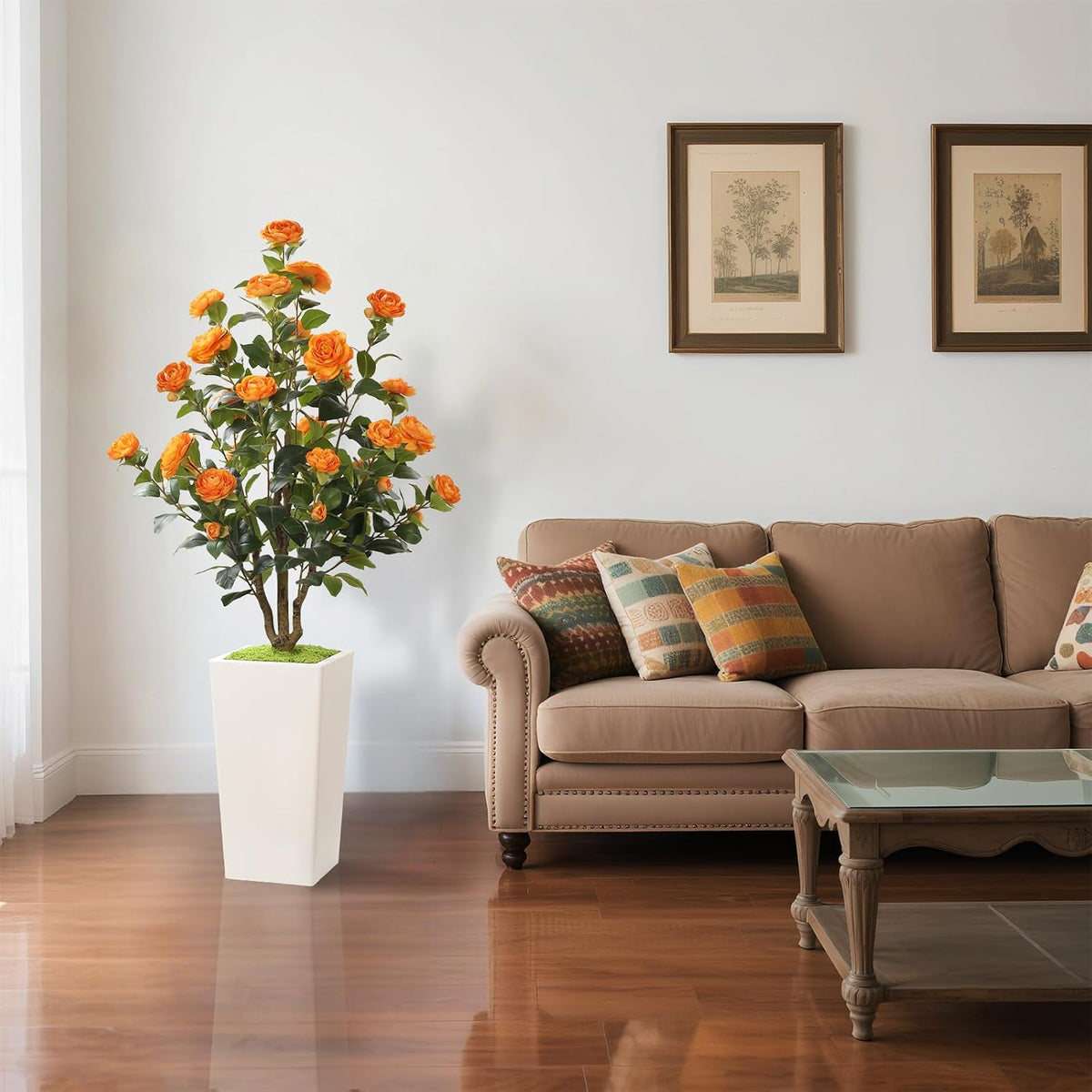 Romantic Season 4FT Artificial Camellia Tree with White Tall Planter, Orange ...