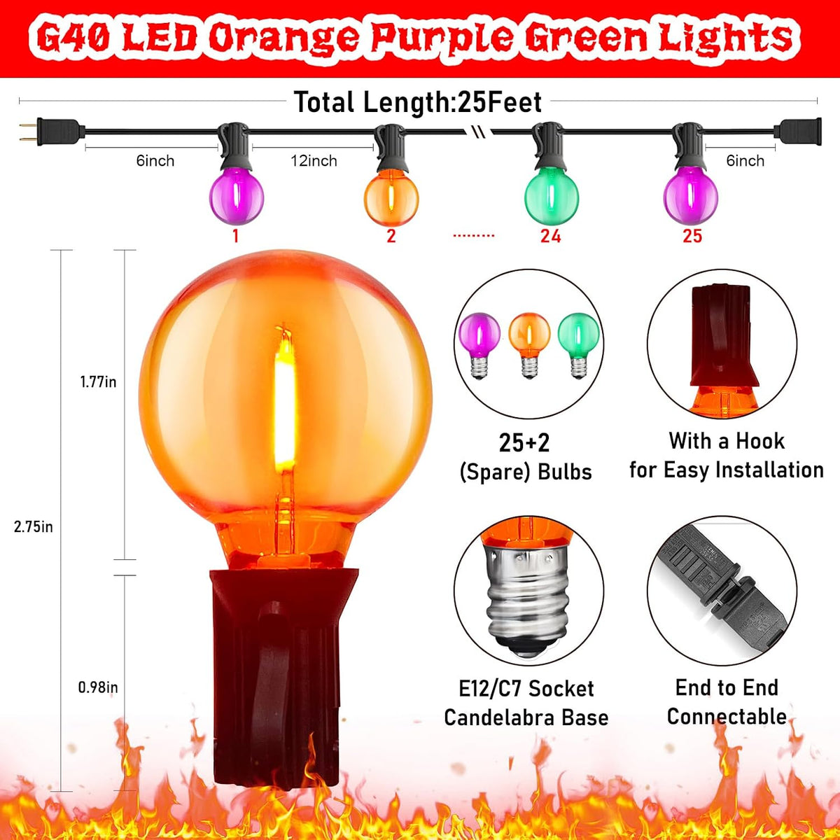 SUNSGNE 25FT Globe Outdoor Halloween String Lights G40 LED String Lights with...