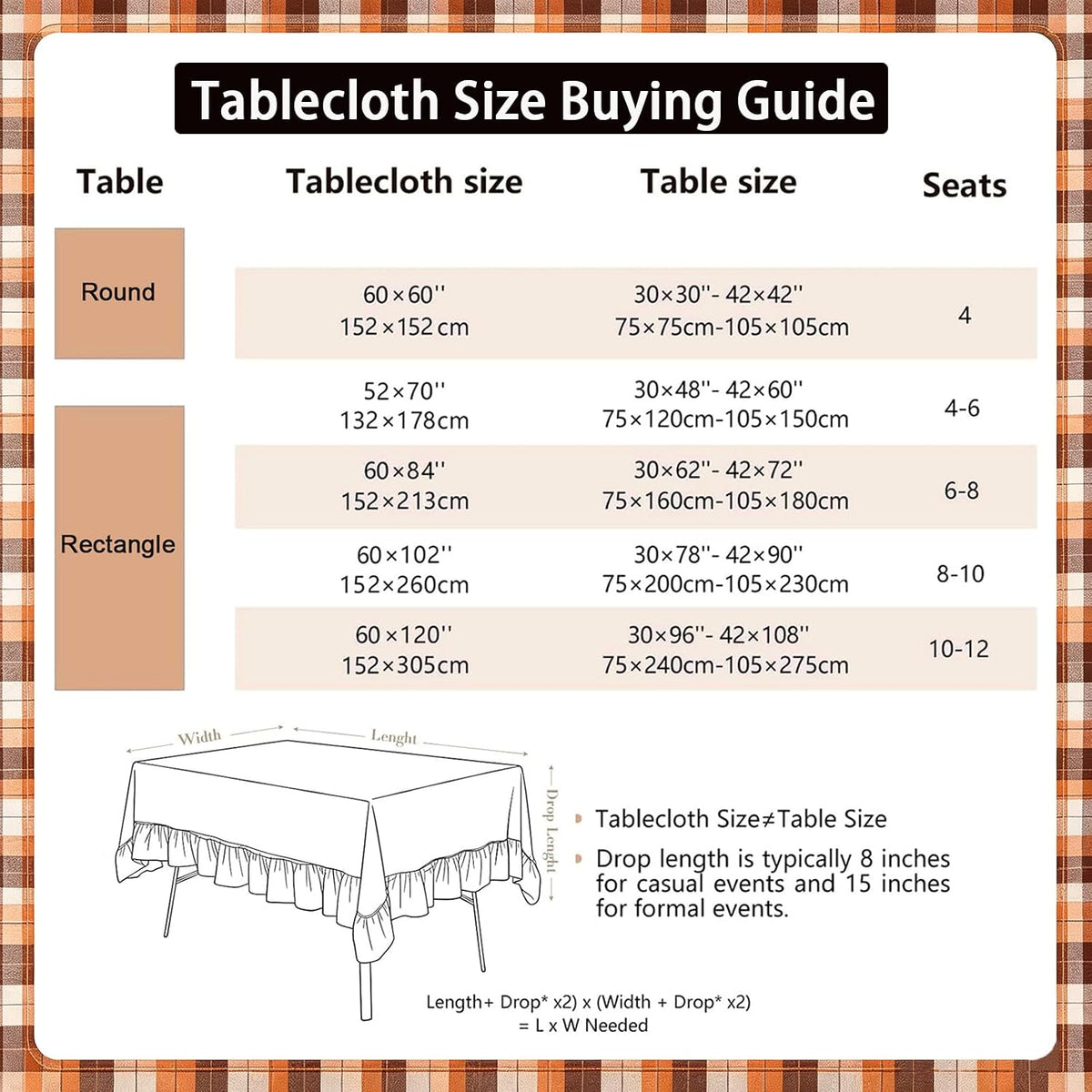 Joyfol Day Thanksgiving Ruffled Tablecloth, Orange Brown Tartan Plaid Vintage...