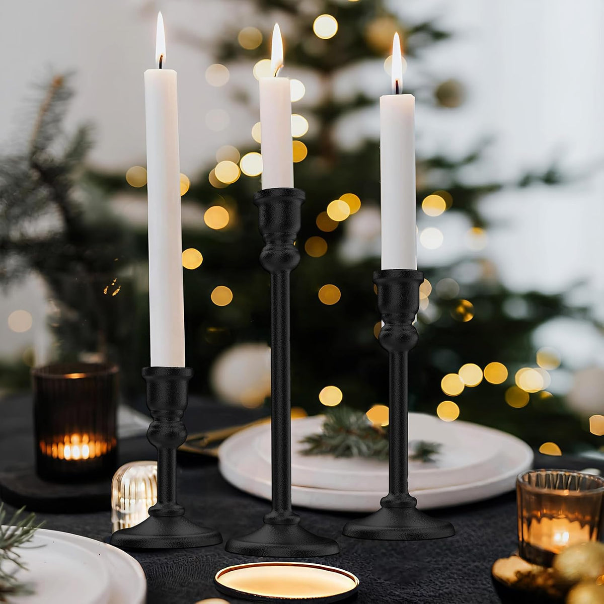 Black Heavy Candlestick Holders Taper Candle Holders Set of 3, Golden Candles...