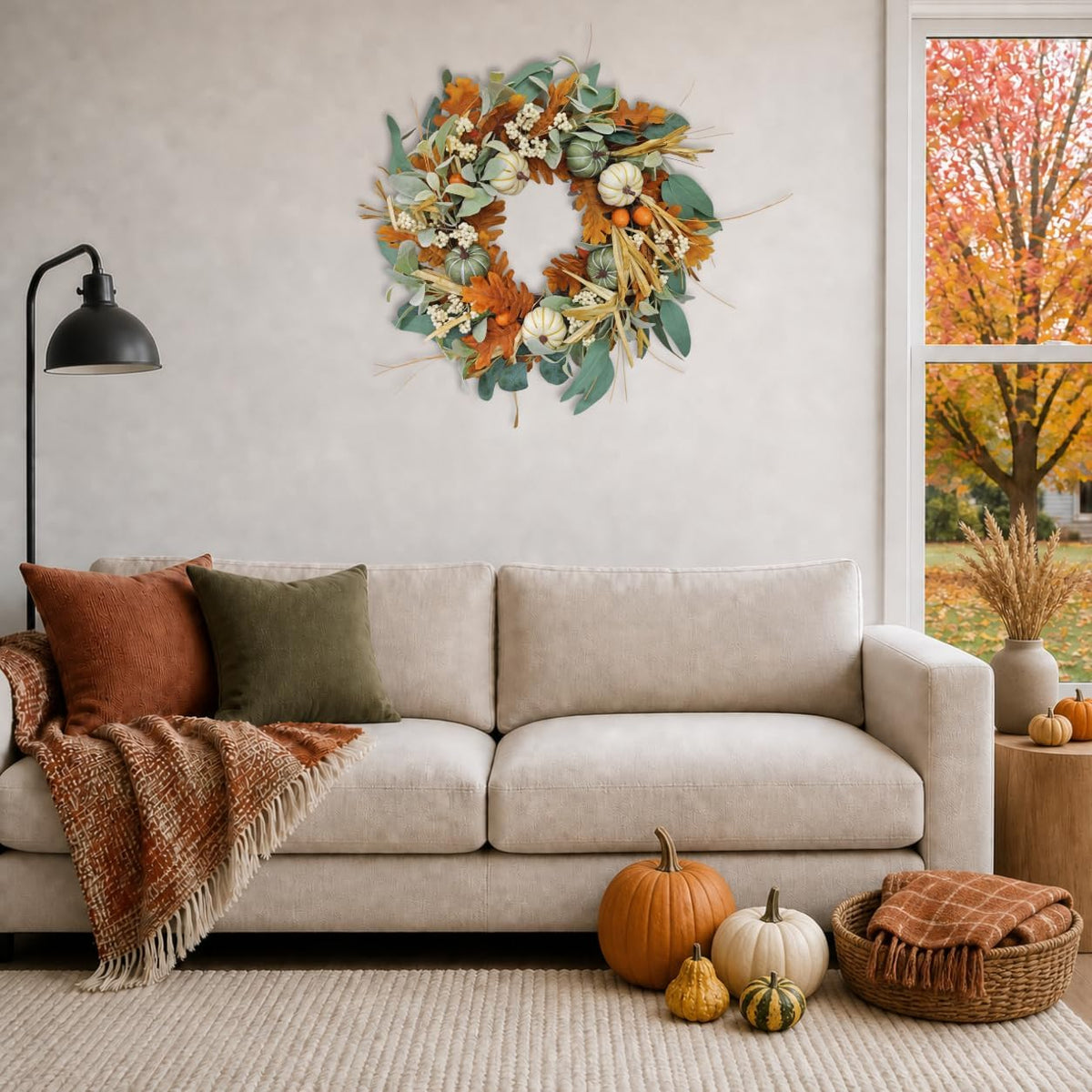 24 Inch Fall Wreaths for Front Door, Pumpkin Fall Wreath