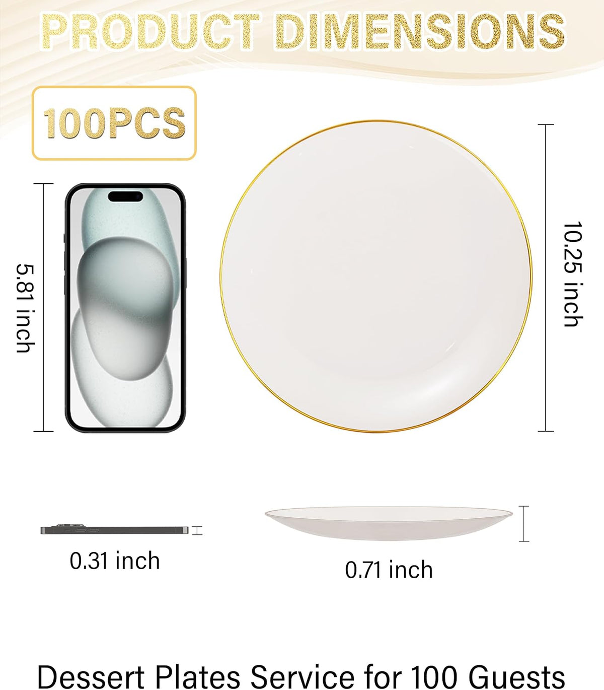 Nervure 100Pcs Ivory and Gold Plastic Plates, 7.5″Disposable Dessert Plates