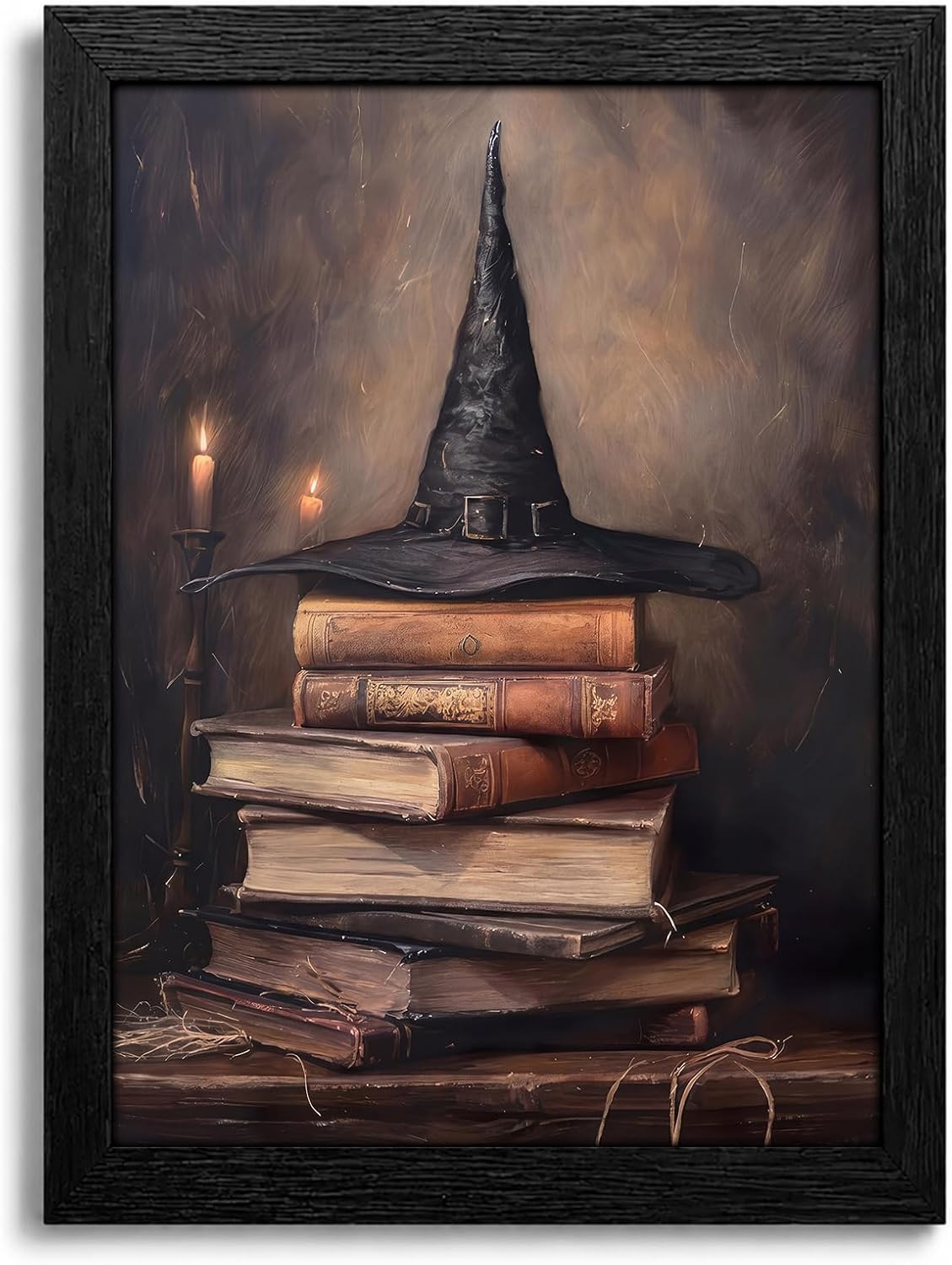 Framed Halloween Wall Art Witch Hat and Spell Books Pictures Painting Dark Ac...