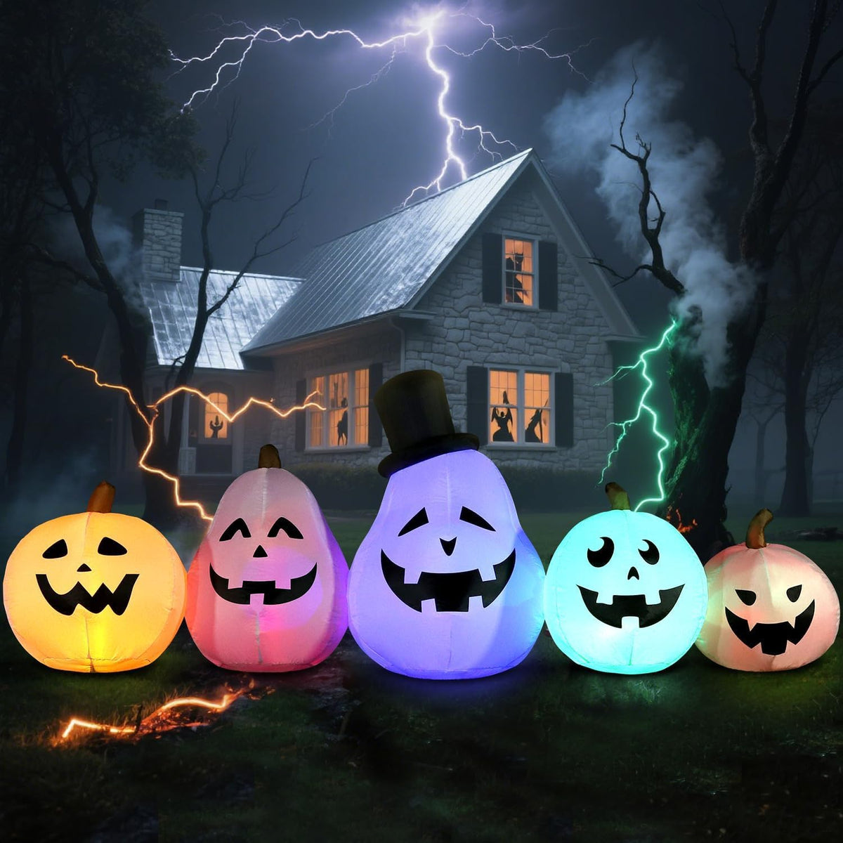 DomKom 8 FT Long Halloween Inflatable White Pumpkin Built in Colorful LED Lig...