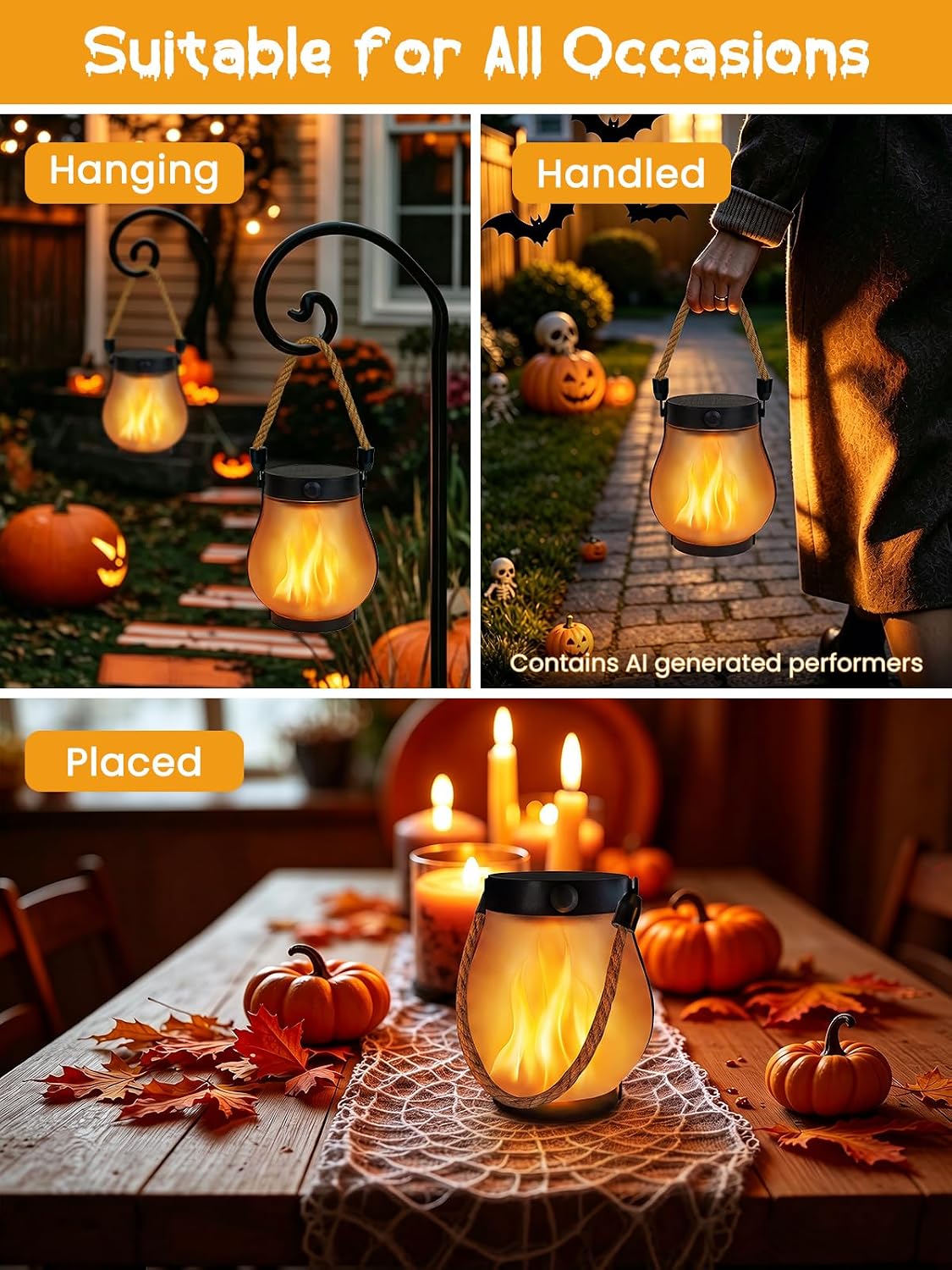 4 Pack Solar Lanterns Outdoor Waterproof Hanging Flame Halloween Lights