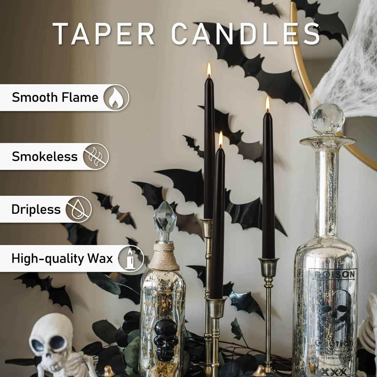 50 Pack Black Taper Candles - 10 Inch Classic Unscented Dinner Candles, Dripl...