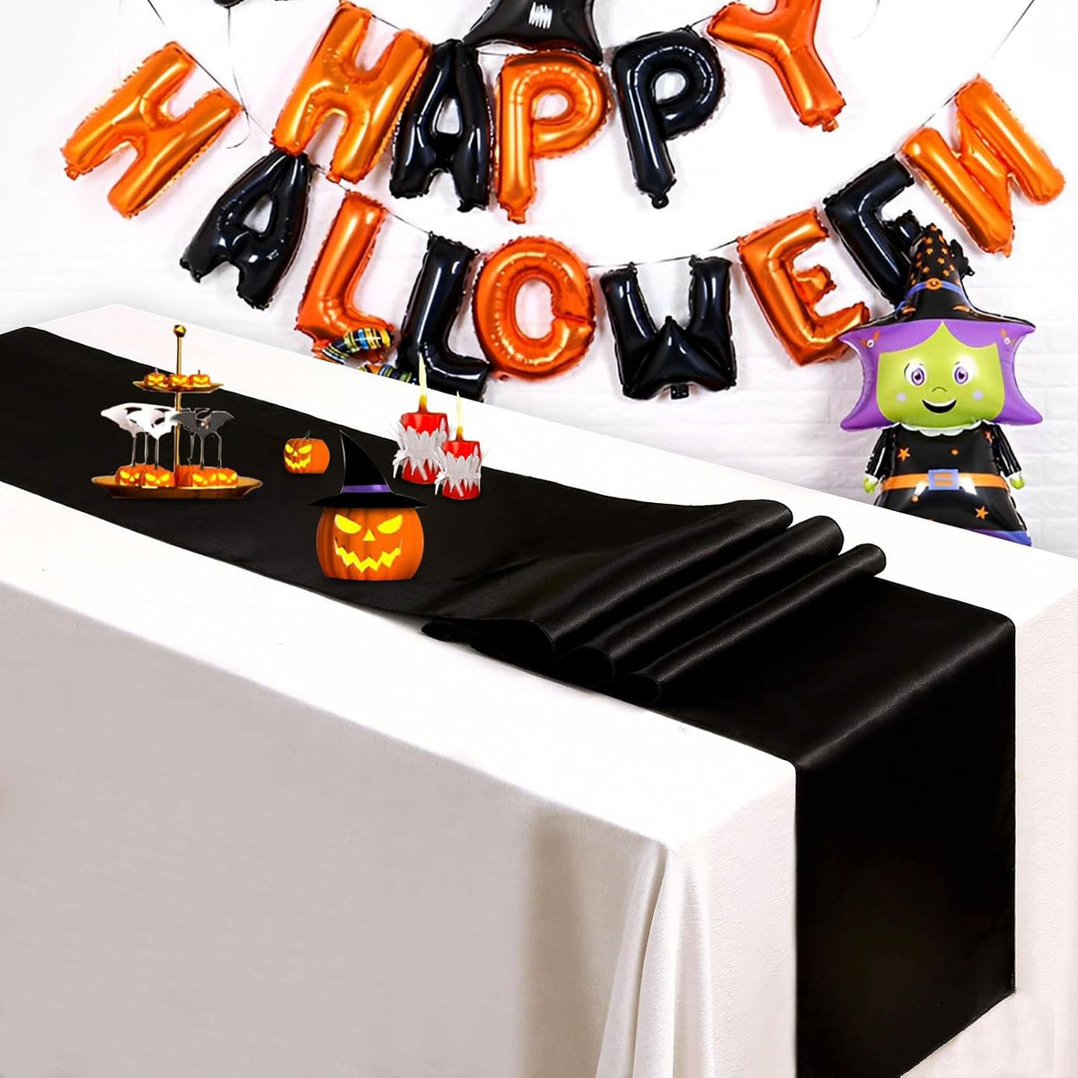 24 Pack Black Table Runners 12 x 108 Inches Long Smooth Satin Silk Black Hall...