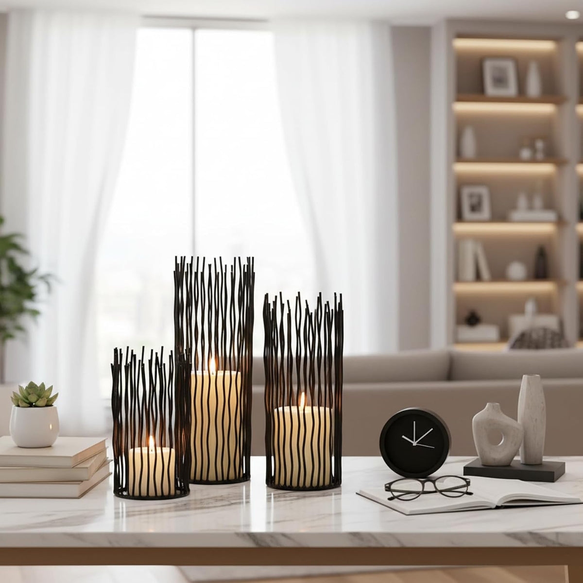 Metal Candle Holders for Pillar Candles - Black Wire Candle Holder Set of 3