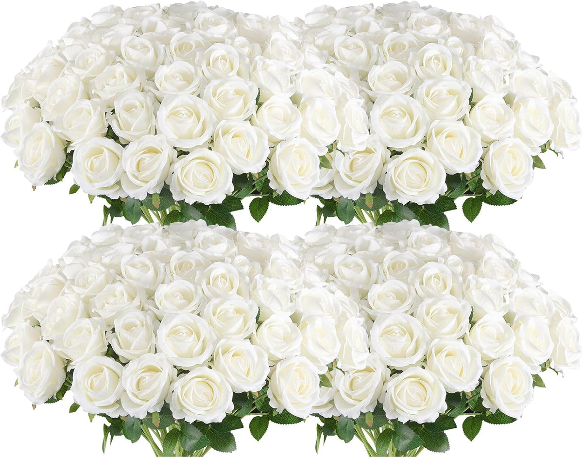 Hananona 100 Pcs Artificial Roses, Realistic Silk Flowers Bulk, White